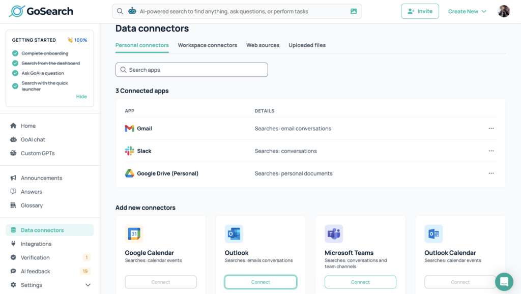 GoSearch data connectors page showing the Outlook personal data connector